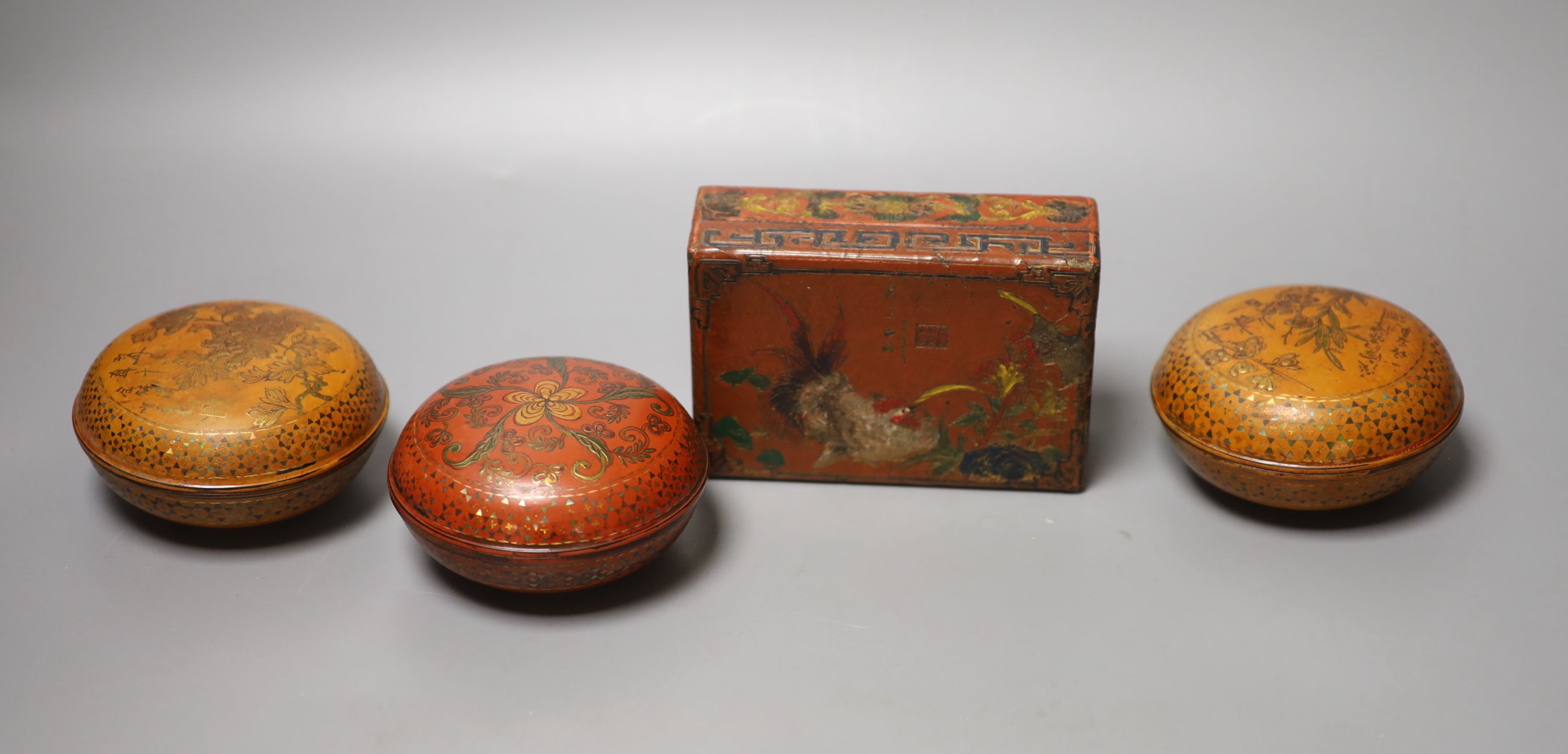 Three circular gilded lacquer boxes and a similar rectangular box